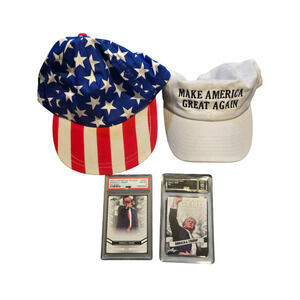Donald J Trump Trading Cards PSA 8 Leaf OG GMA 10 + 2 MAGA Hats Bundle Set Lot